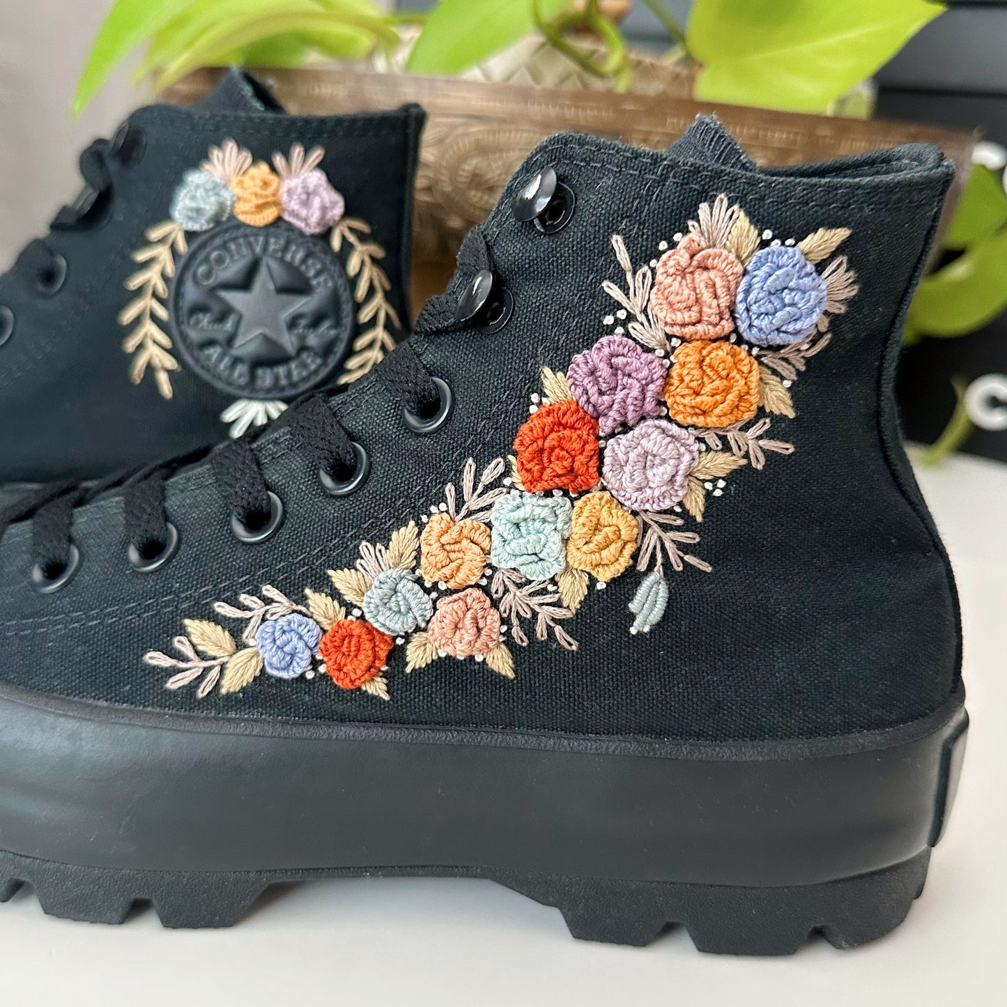 Hand Embroidered Converse High Top Luggs - Roses & Mushrooms - women’s size 9