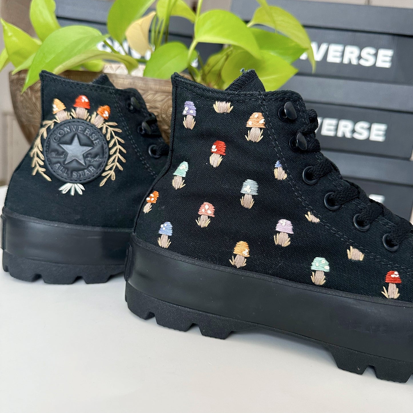 Hand Embroidered Converse High Top Luggs - Roses & Mushrooms - women’s size 9