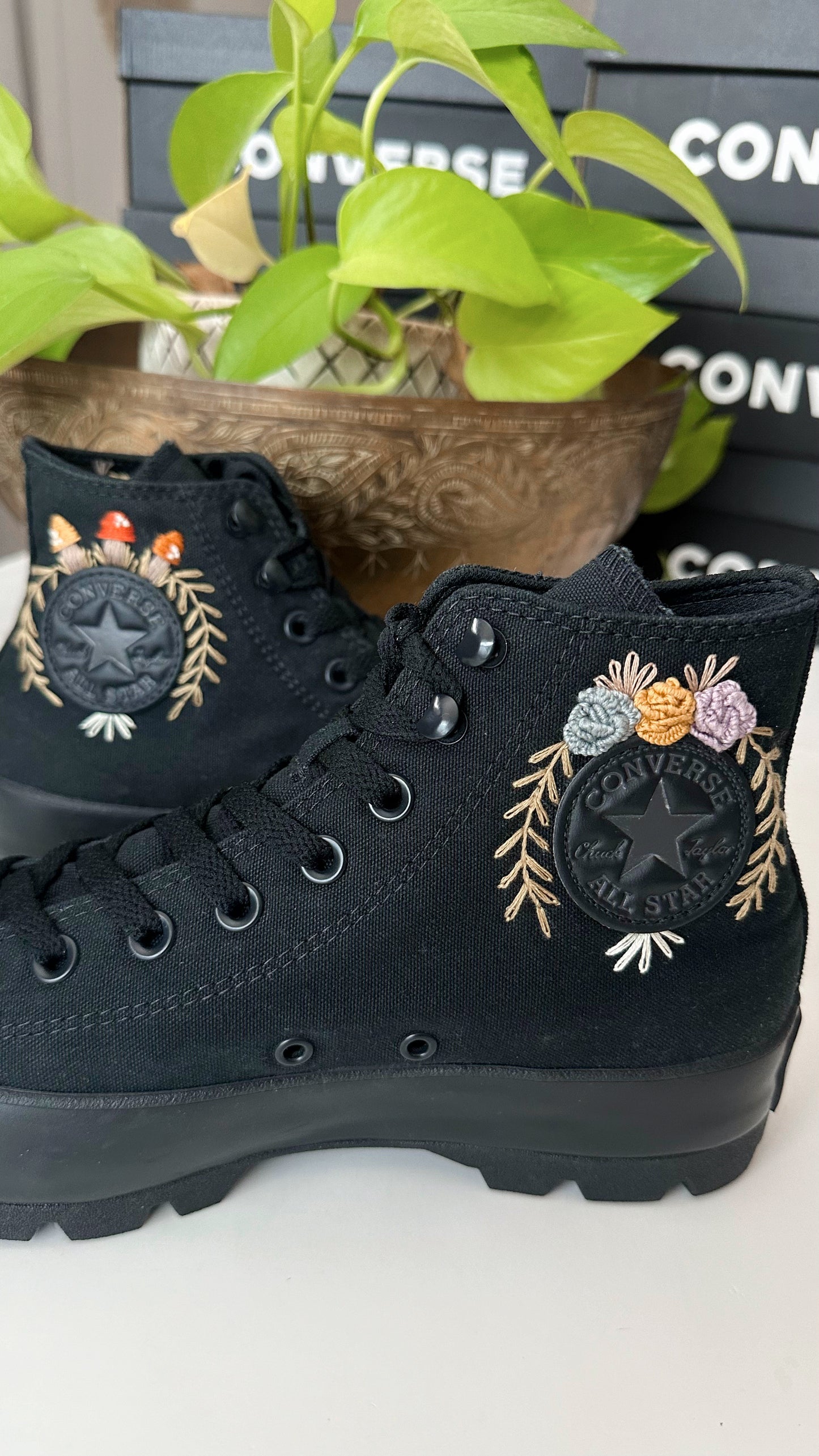Hand Embroidered Converse High Top Luggs - Roses & Mushrooms - women’s size 9