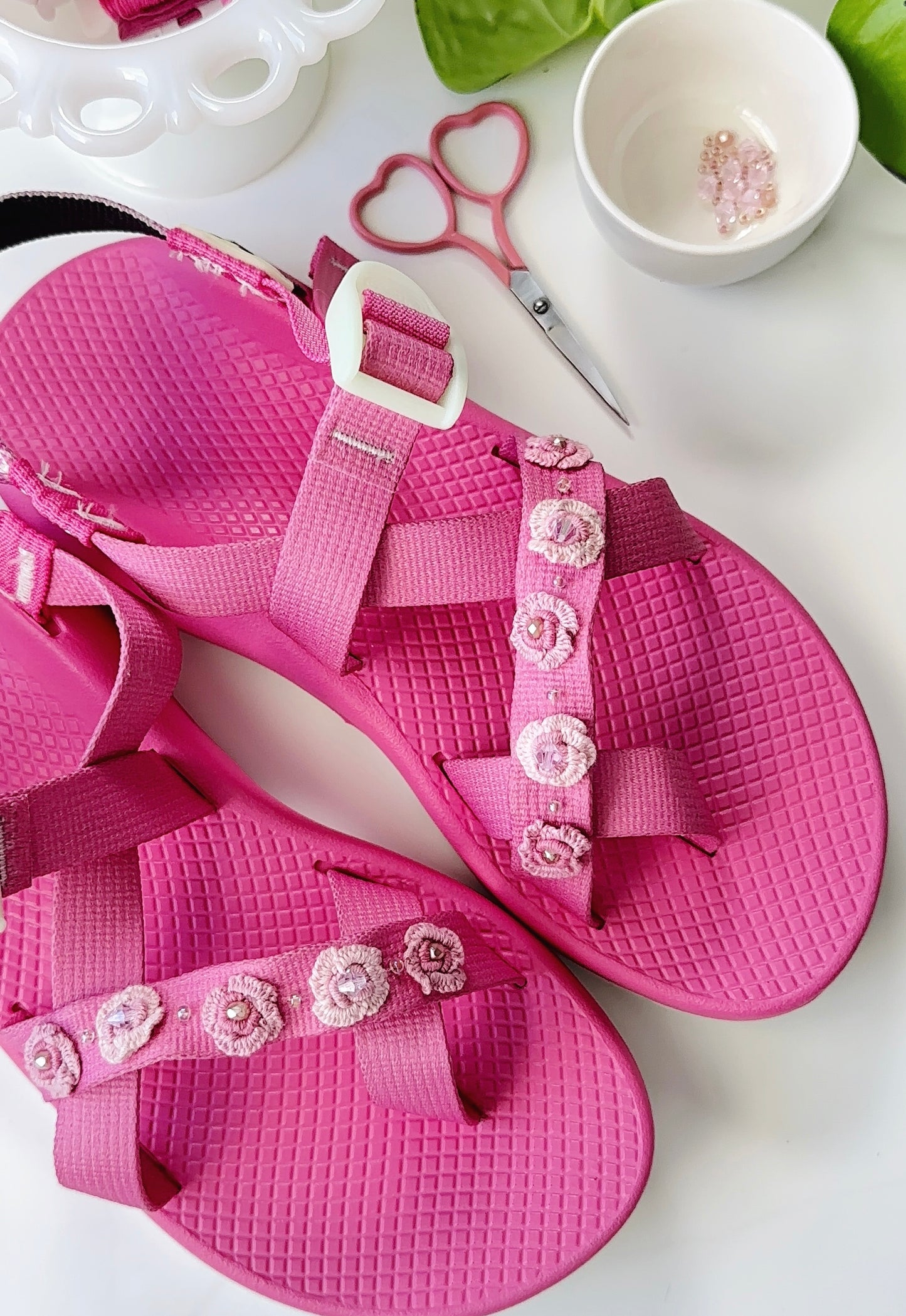 Hand Embroidered Pink Women’s Z/1 Sandals - Roses with Beads - women’s size 7