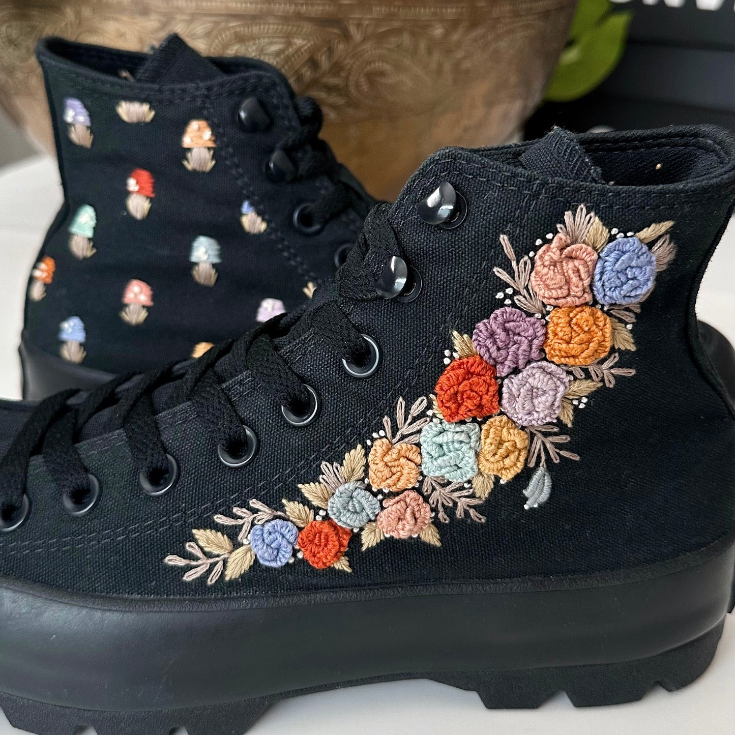 Hand Embroidered Converse High Top Luggs - Roses & Mushrooms - women’s size 9