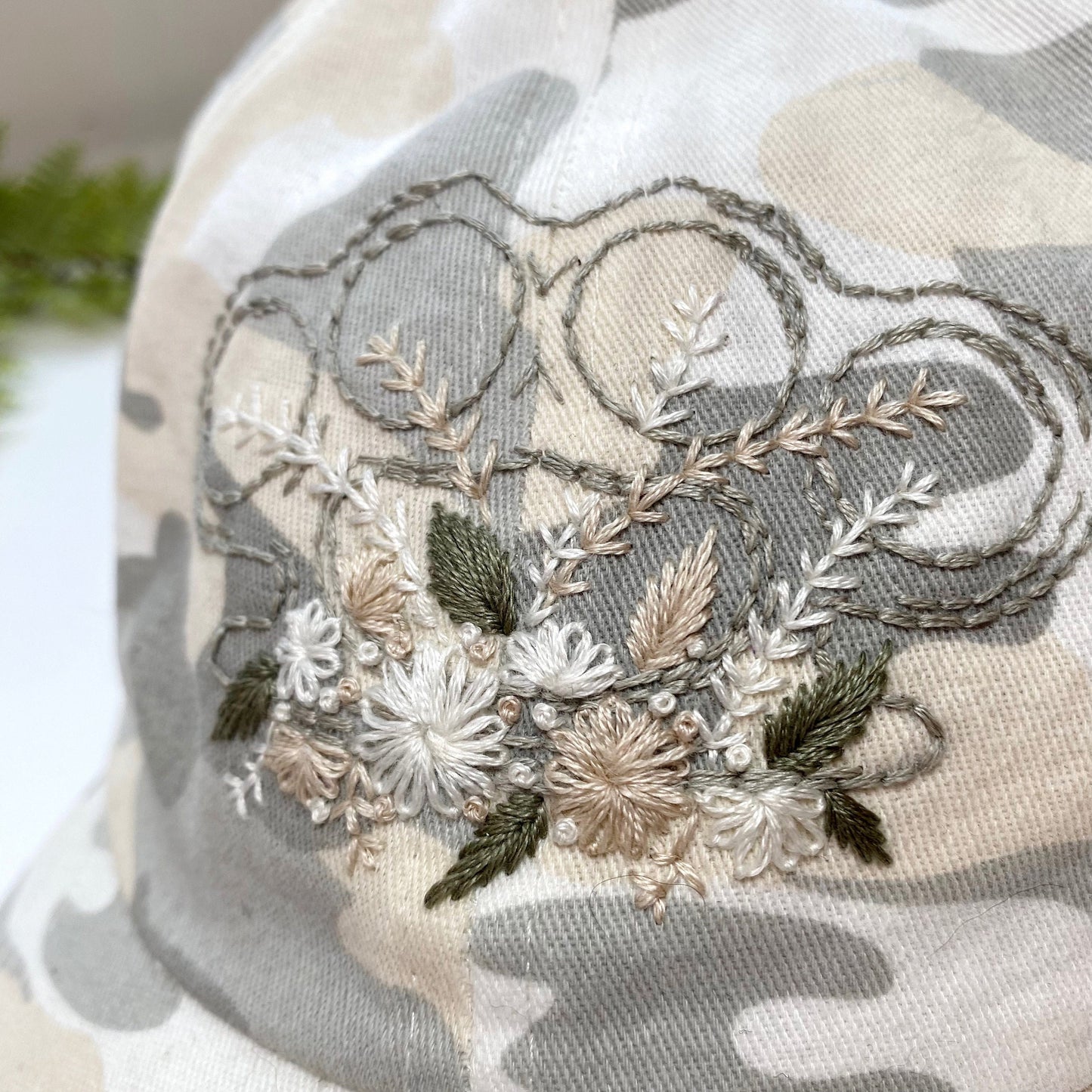 Hand Embroidered Camo Baseball Cap Hat with Brass Knuckles Flowers