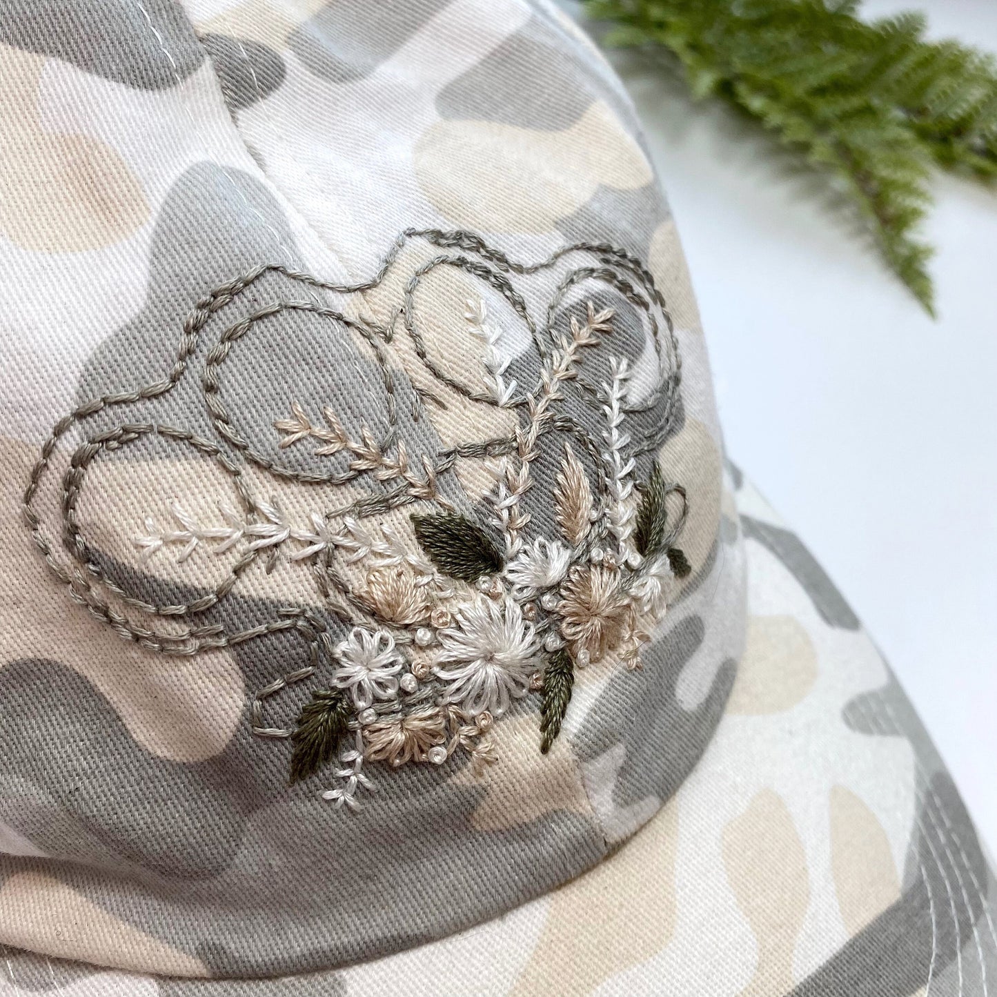 Hand Embroidered Camo Baseball Cap Hat with Brass Knuckles Flowers