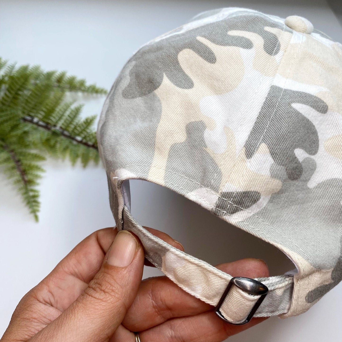 Hand Embroidered Camo Baseball Cap Hat with Brass Knuckles Flowers