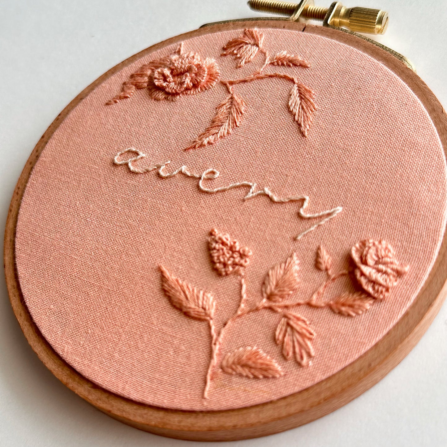 Custom Hand Embroidered Floral Monochromatic Name Hoop