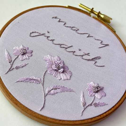 Custom Hand Embroidered Floral Monochromatic Name Hoop