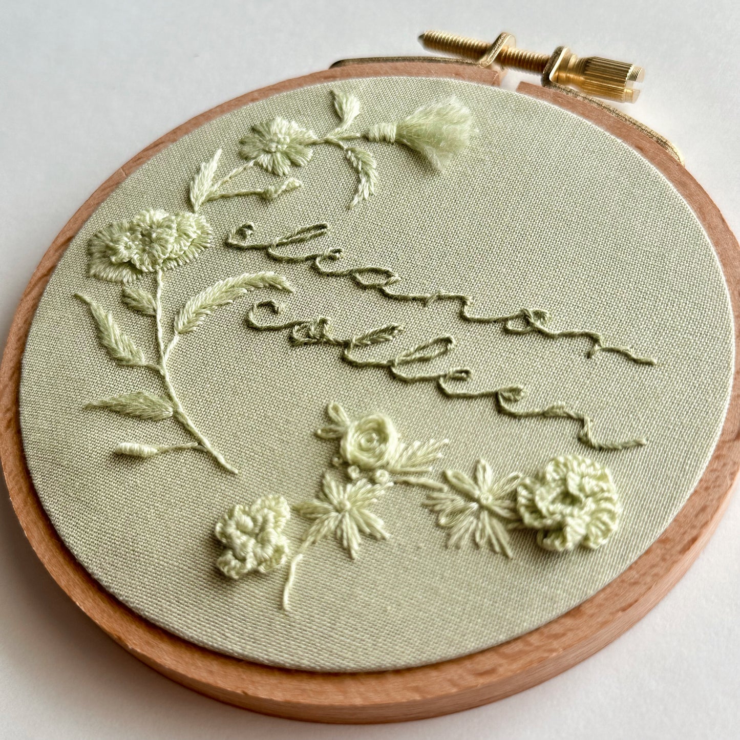 Custom Hand Embroidered Floral Monochromatic Name Hoop