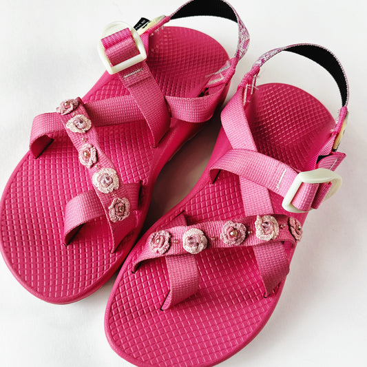 Hand Embroidered Pink Women’s Z/1 Sandals - Roses with Beads - women’s size 7