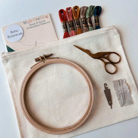 Embroidery Kit with Canvas Zipper Bag and Stick & Stitch Patterns