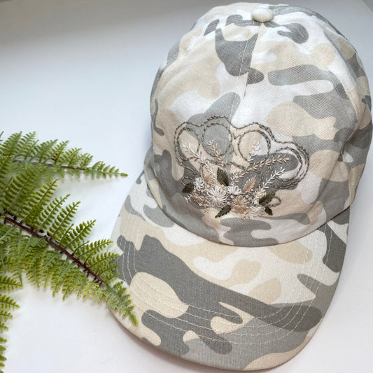 Hand Embroidered Camo Baseball Cap Hat with Brass Knuckles Flowers