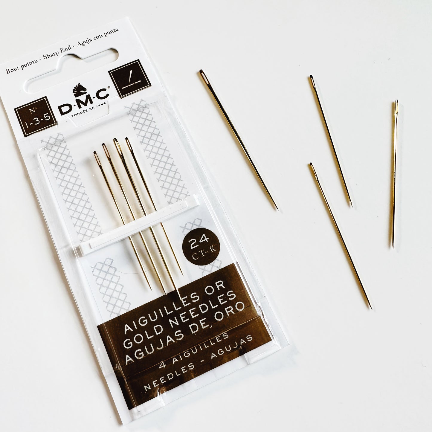 DMC 24K Gold Plated Embroidery Needles 4-pack, sizes 1-3-5